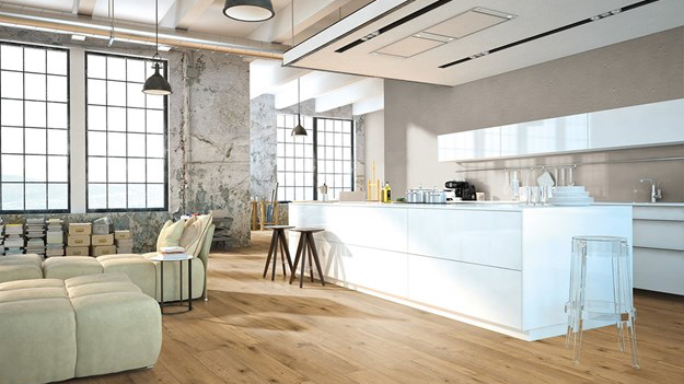 laminate flooring in an open concept kitchen and living room in Lake Charles, LA